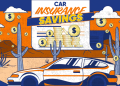 Retro illustration advertising car insurance savings, showing a white and orange car in a desert with coins and a bold banner 'Car Insurance Savings'.