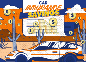 Retro illustration advertising car insurance savings, showing a white and orange car in a desert with coins and a bold banner 'Car Insurance Savings'.
