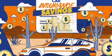 Retro illustration advertising car insurance savings, showing a white and orange car in a desert with coins and a bold banner 'Car Insurance Savings'.