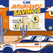 Retro illustration advertising car insurance savings, showing a white and orange car in a desert with coins and a bold banner 'Car Insurance Savings'.