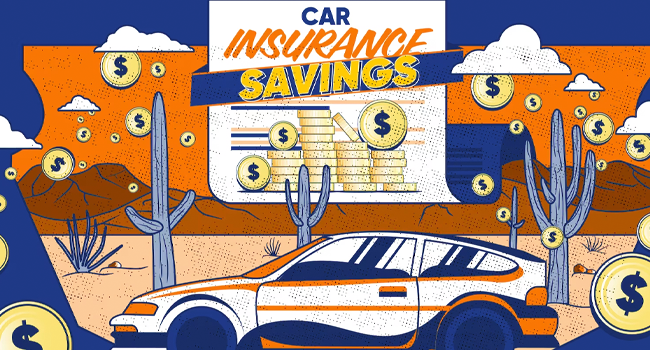 Retro illustration advertising car insurance savings, showing a white and orange car in a desert with coins and a bold banner 'Car Insurance Savings'.