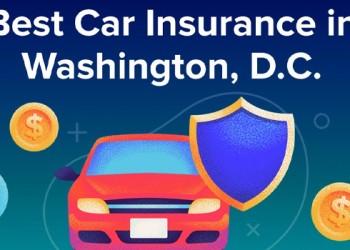 Illustration of a red car with a blue shield, surrounded by colorful dollar coins, with the title 'Best Car Insurance in Washington, D.C.' at the top.