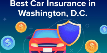Illustration of a red car with a blue shield, surrounded by colorful dollar coins, with the title 'Best Car Insurance in Washington, D.C.' at the top.