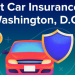 Illustration of a red car with a blue shield, surrounded by colorful dollar coins, with the title 'Best Car Insurance in Washington, D.C.' at the top.