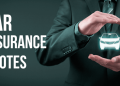 Businessman in a suit frames a glowing car icon with his hands beside bold text reading CAR INSURANCE QUOTES.