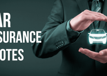 Businessman in a suit frames a glowing car icon with his hands beside bold text reading CAR INSURANCE QUOTES.