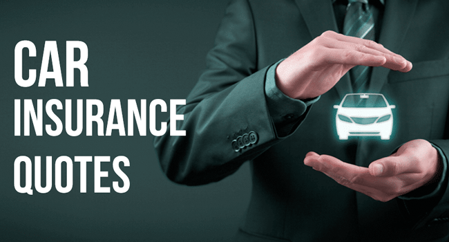 Businessman in a suit frames a glowing car icon with his hands beside bold text reading CAR INSURANCE QUOTES.